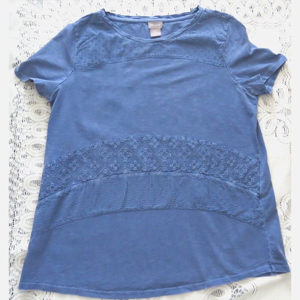 Chico's Knit Embroidered Panel Tee Top Blue Short Sleeves size 1 (M 8-10) EUC - Picture 3 of 7